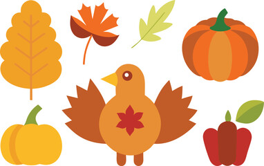 Thanksgiving holiday vector illustration collection featuring turkey pumpkins and autumn leaves