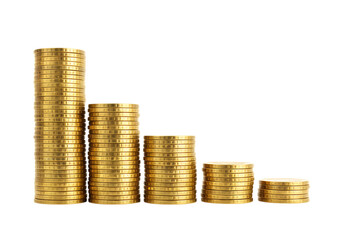 Stacks of gold coins decreasing in size isolated on transparent background