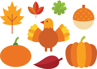 Thanksgiving day vector icons collection featuring turkey pumpkins autumn leaves