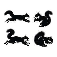 Four silhouette squirrel poses depicting movement and sitting natural wildlife art vector