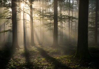 [Generative AI] 안개가 자욱한 숲길의 아침 햇살