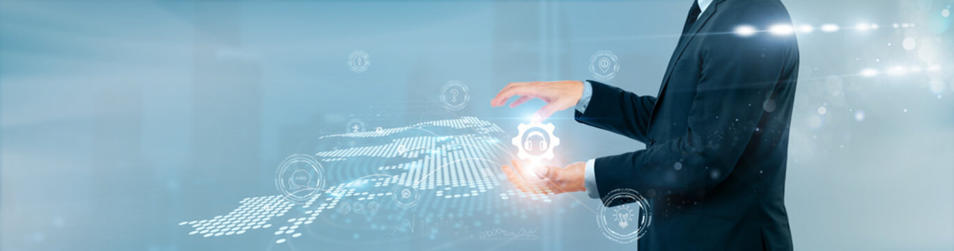 Businessman hand hold technical support on global networking. IT service, helpdesk system, troubleshooting process, and customer assistance.