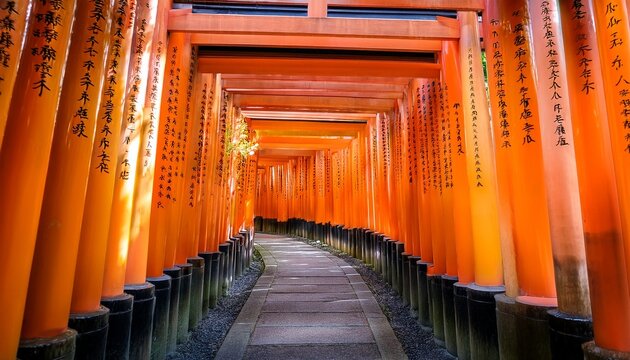 bright orange torii gates creating tunnel in fushimi inari shrine kyoto japan