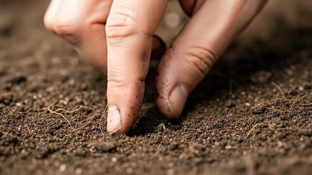Human hand planting seed in rich dark soil cultivating new life and growth for sustainable future