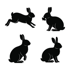 Four black silhouette rabbit poses for spring easter and wildlife designs animal graphics vector