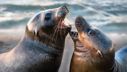 Fototapeta premium snickering out boisterous amusing creature meme picture of cheerful creatures having fun silly natural life picture of two wonderful neighborly dim seals playing around and clearly