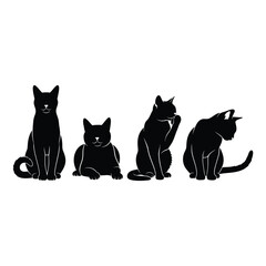 Four silhouetted black cats poses sitting and lying down iconic feline figures elegant and mysterious vector