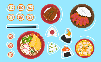 Colorful vector illustration of popular Japanese dishes such as ramen, omurice, okonomiyaki, shrimp tempura, onigiri, and dango on a blue background. Perfect for menu, design, and decoration.