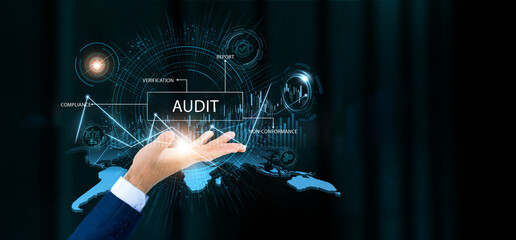 Businessman hold audit words and growth technology and data connection. Financial inspection, compliance report, data verification, business transparency.