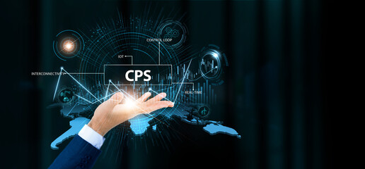 Businessman hold CPS words and growth technology and data connection. Smart devices, system integration, IoT automation, industrial innovation.