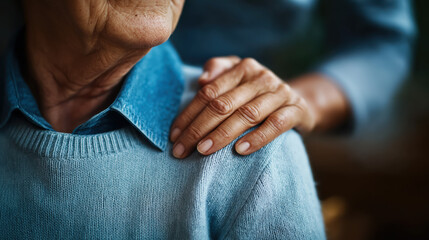 elderly Caucasian man sitting with elderly female's hand resting on his shoulder, Elder care concept