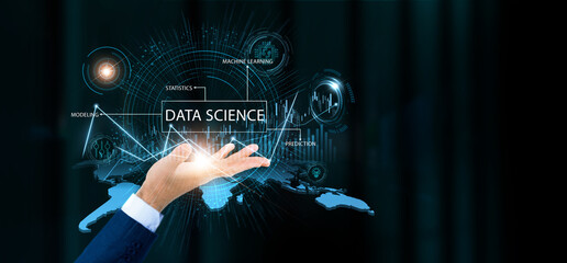 Businessman hold data science words and growth technology and data connection. Predictive analytics, AI modeling, statistical learning, business insight.