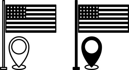 United States Icons. Black and White Vector Illustrations. Flag of the United States of America and Location. Country, State. Election Concept