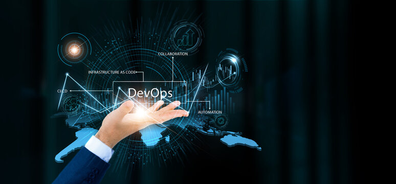 Businessman hold DevOps words and growth technology and data connection. Continuous integration, software deployment, agile development, system automation.