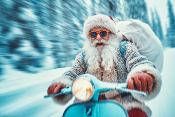 Santa Claus in sunglasses is racing on a scooter along a snowy highway, delivering gifts. Holiday campaigns express delivery services or extreme condition logistics marketing