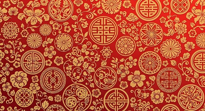 Intricate golden chinese auspicious symbols and floral patterns on a vibrant red background, traditional oriental textile design, cultural motif, celebration, prosperity, good fortune, luck, wealth.