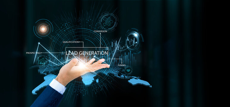 Businessman hold lead generation words and growth technology and data connection. Marketing automation, sales funnel, digital outreach, customer acquisition.