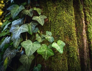 ivy vines climbing a mossy tree trunk