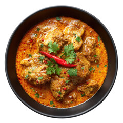 Delicious spicy chicken curry in a black bowl garnished with red chili and fresh herbs isolated on transparent background