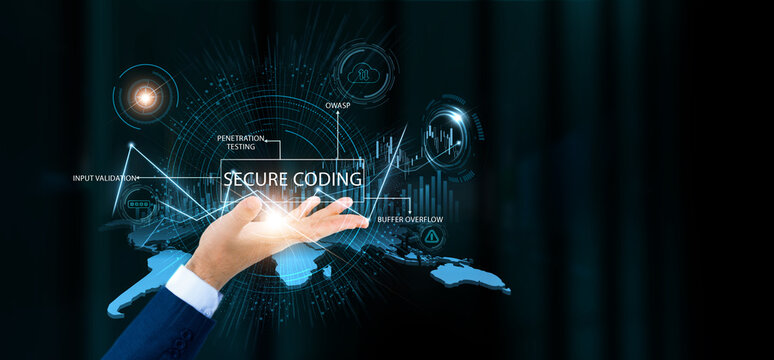 Businessman hold secure coding words and growth technology and data connection. Software security, code encryption, application protection, cyber defense.