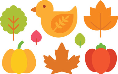 Thanksgiving day icon collection festive turkey pumpkin autumn leaves vector illustration eps
