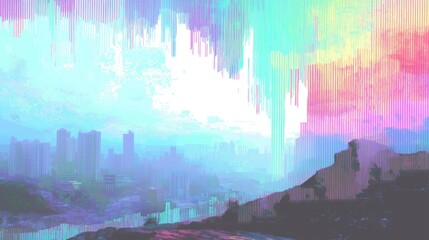 Fototapeta premium Abstract Digital Glitch Cityscape with Vibrant Vertical Lines 