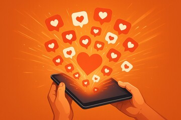Hands holding phone with heart notifications exploding