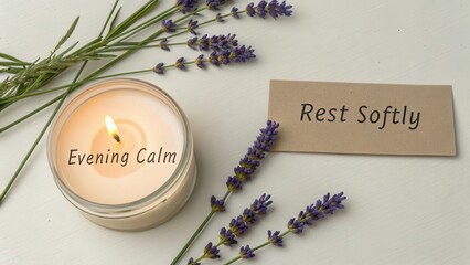 Relaxing lavender candle with inspirational quote and flowers