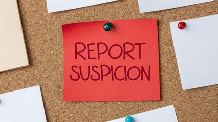 Report Suspicion Notice on Corkboard with Blank Papers Background
