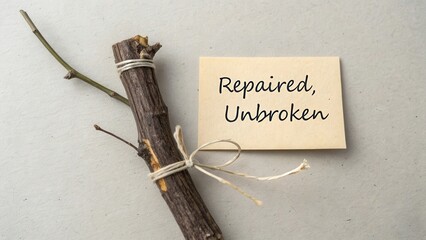 Repaired Stick with Note Symbolizing Resilience and Renewal