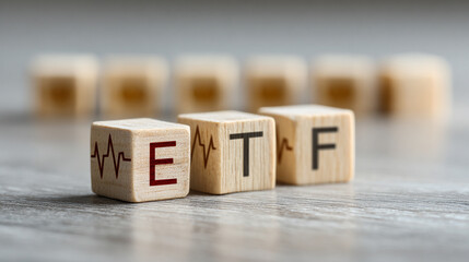 Clean, minimalist photo of wooden blocks spelling &ldquo;ETF&rdquo; on a bright white background, symbolizing savings, healthcare, and investment with a modern soft-light aesthetic.
