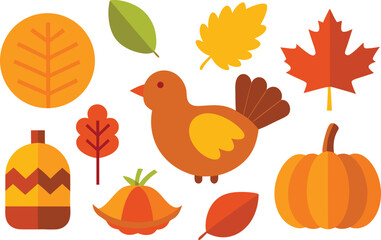 Thanksgiving day vector icons collection with turkey pumpkin autumn leaves festive celebration elements