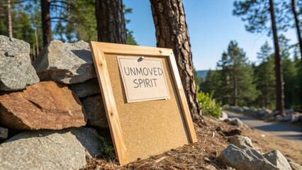 Rustic Frame with Unmoved Spirit Quote Beside Natural Rocks and Trees