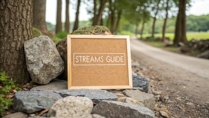 Rustic Signage for Stream Guide in Natural Outdoor Setting