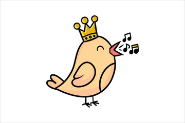 Cute cartoon bird wearing a golden crown singing musical notes with joy and happiness