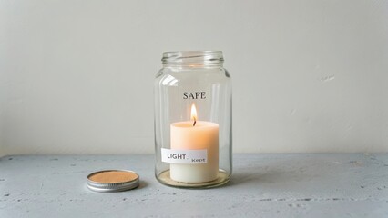 Safe Light Candle in Glass Jar on Minimalist Surface Display