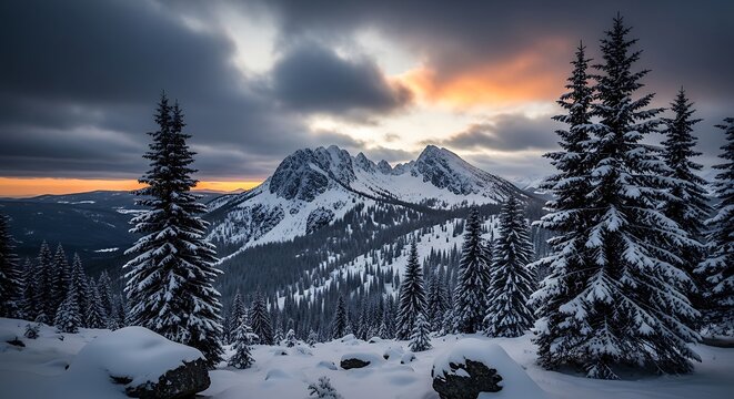 Snowy Mountain Sunset Landscape.
