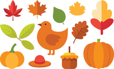 Thanksgiving day icon collection vector graphics turkey pumpkin autumn leaves for seasonal design