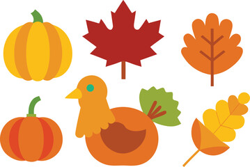 Thanksgiving day icon collection vector illustration turkey pumpkin autumn leaves festive elements