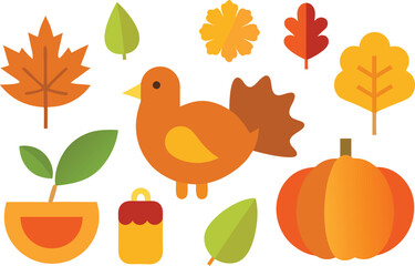 Vector thanksgiving day icons collection turkey pumpkin autumn leaves and pie illustration scalable eps
