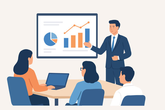 Business meeting presentation illustration with people discussing charts and graphs in office
