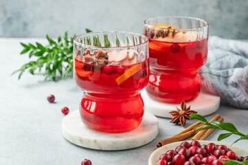A cranberry drink in a two glasses on a light background with cinnamon, berries close up.