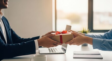Business colleagues exchanging gift in office setting with laptop on desk