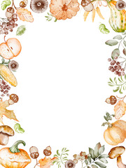 Autumn watercolor border with harvest elements for Thanksgiving. Frame with bakery, leaves, and acorns for holiday card, flyer, or banner template.