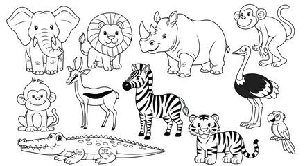 Naklejka premium Vector art of collection of various wild animals including elephant, lion, rhino, monkey, zebra, tiger, ostrich, parrot, crocodile, and antelope, black and white line art illustration