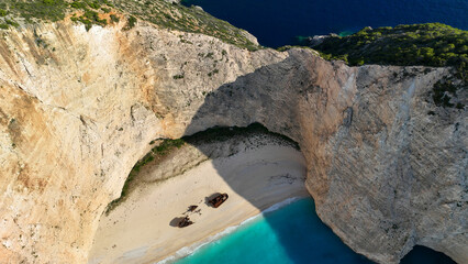 Aerial drone photo of one of the most photographed beaches in the world called navagio or shipwreck...