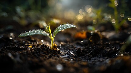 Delicate new seedling emerges from rich soil, kissed by morning dew and gentle sunlight.
