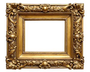 An ornate, antique gold picture frame with intricate carvings, isolated on a transparent background