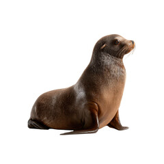 Fototapeta premium Sea lion rests on a rock, showing its smooth coat and curious expression in a marine habitat environment isolated on transparent background