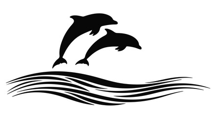 Fototapeta premium Graceful silhouettes of two dolphins leaping from stylized waves, symbolizing freedom and joy.